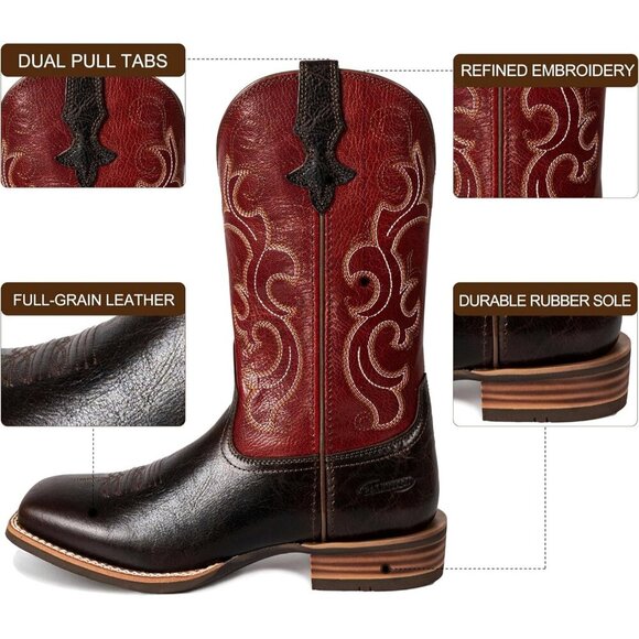 Women Square Toe Western Boots Wide Calf Cowgirl Boots Pull On Embroidered Red - Picture 3 of 9